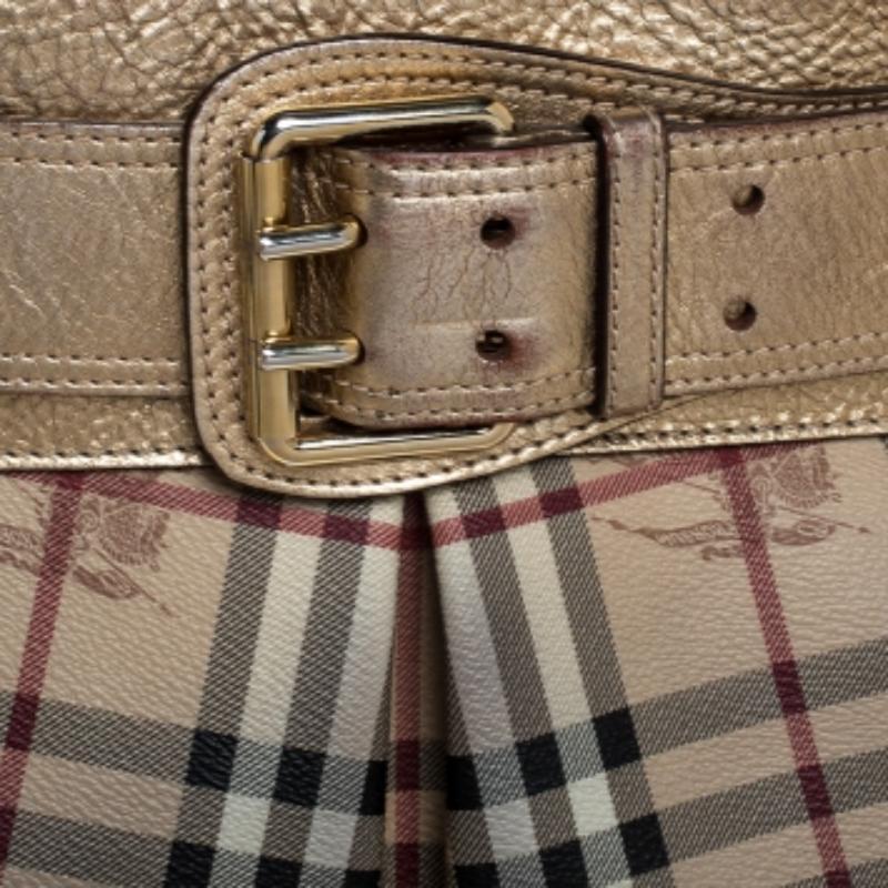 Burberry Beige/Gold Haymarket Check Coated Canvas and Leather Bridle Tote en vente 3