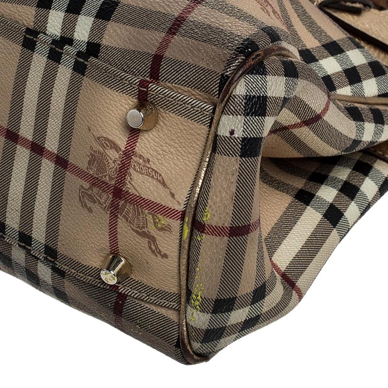 Burberry Beige/Gold Haymarket Check Coated Canvas and Leather Bridle Tote en vente 4