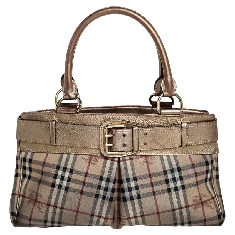 Burberry Beige/Gold Haymarket Check Coated Canvas and Leather Bridle Tote en vente