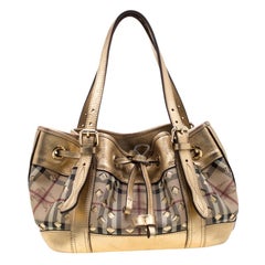Burberry Beige/Gold Haymarket Check Cutout PVC and Leather Drawstring Tote
