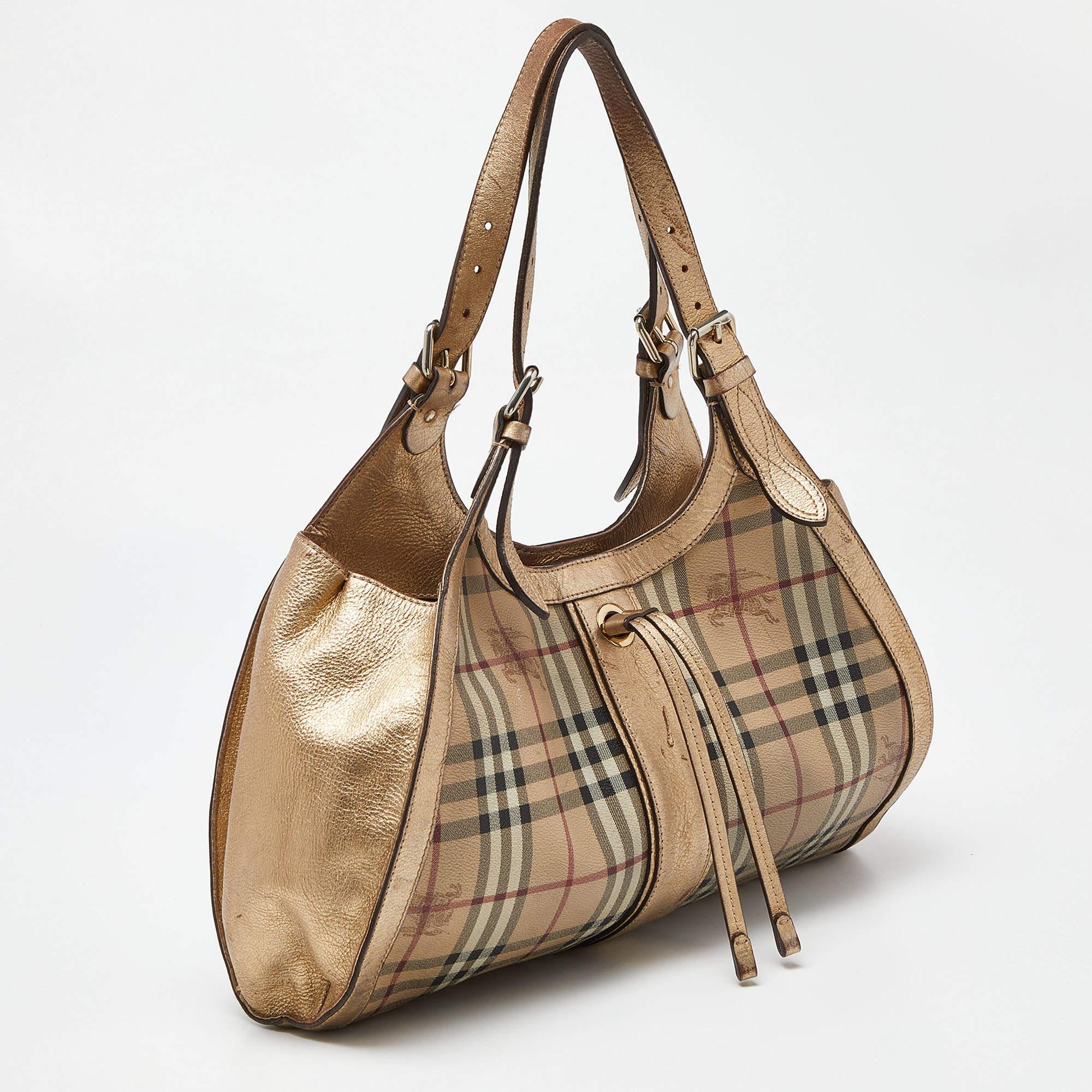 Brown Burberry Beige/Gold Haymarket Check PVC and Leather Hobo