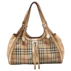 Burberry Beige/Gold Haymarket Check PVC and Leather Hobo