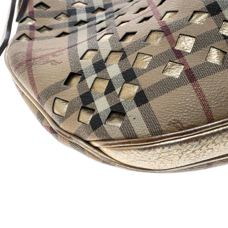 Burberry Beige/Gold PVC and Haymarket Check Cutout Drawstring Hobo 3