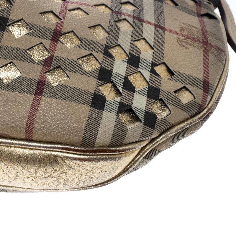 Burberry Beige/Gold PVC and Haymarket Check Cutout Drawstring Hobo 4