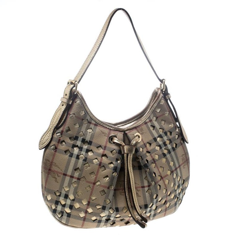 Burberry Beige/Gold PVC and Haymarket Check Cutout Drawstring Hobo For ...