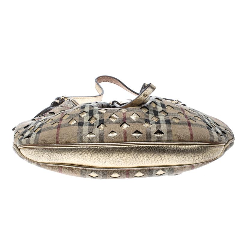 Gray Burberry Beige/Gold PVC and Haymarket Check Cutout Drawstring Hobo