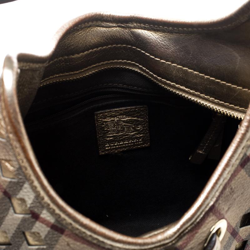Women's Burberry Beige/Gold PVC and Haymarket Check Cutout Drawstring Hobo