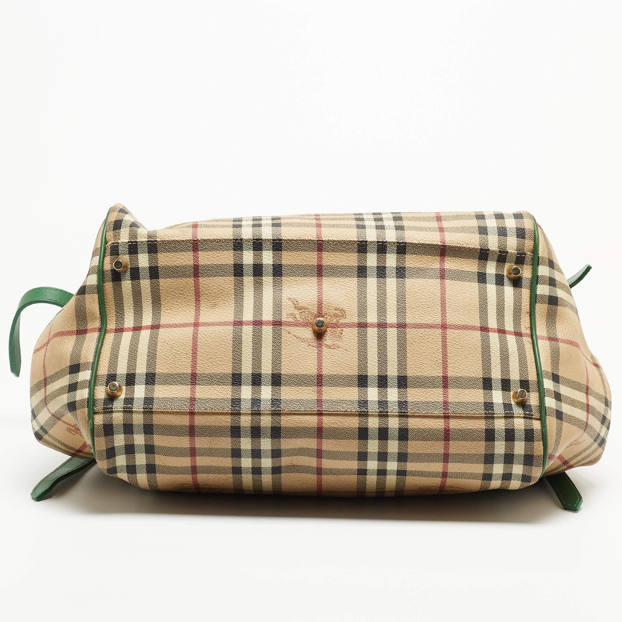 Brown Burberry Beige/Green Haymarket Check PVC and Leather Large Canterbury Tote