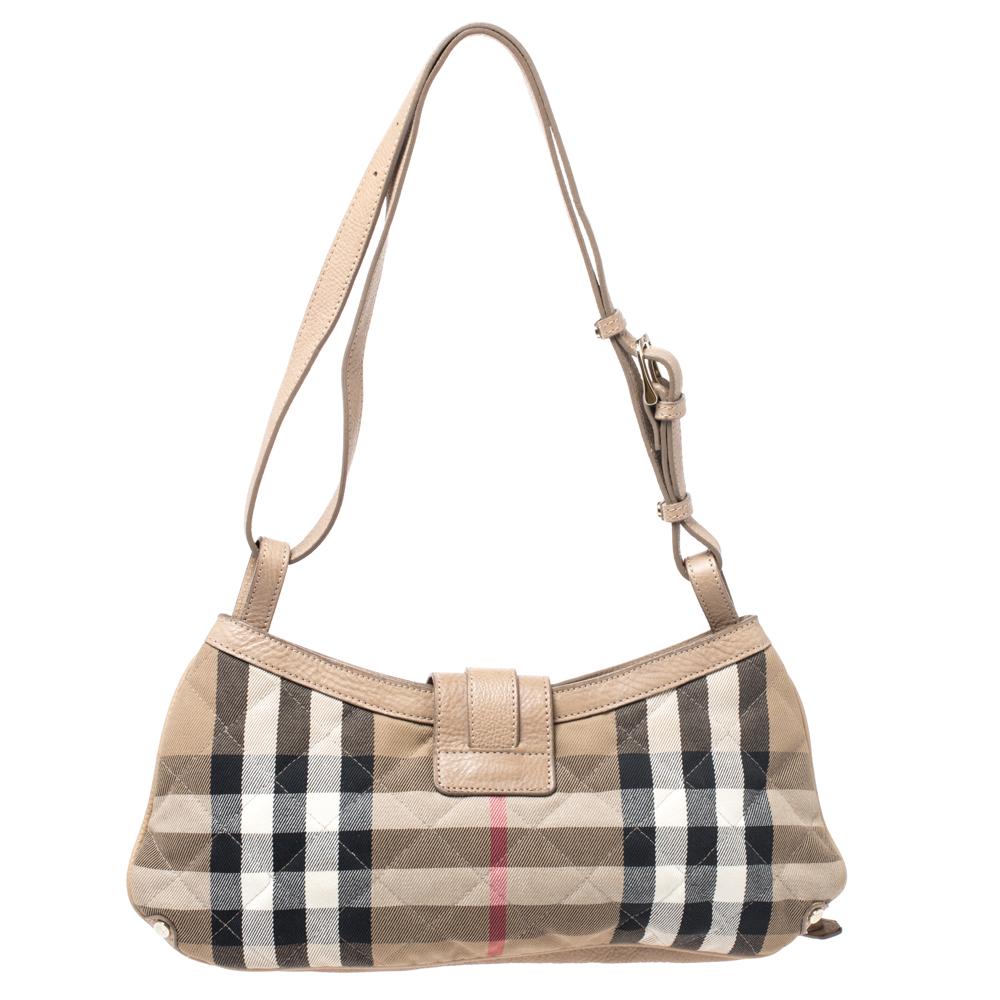 Burberry Beige Haymarket Check Canvas and Leather Double Buckle Pocket Shoulder  6