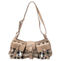 Burberry Beige Haymarket Check Canvas & Leather Double Buckle Pocket ShoulderBag