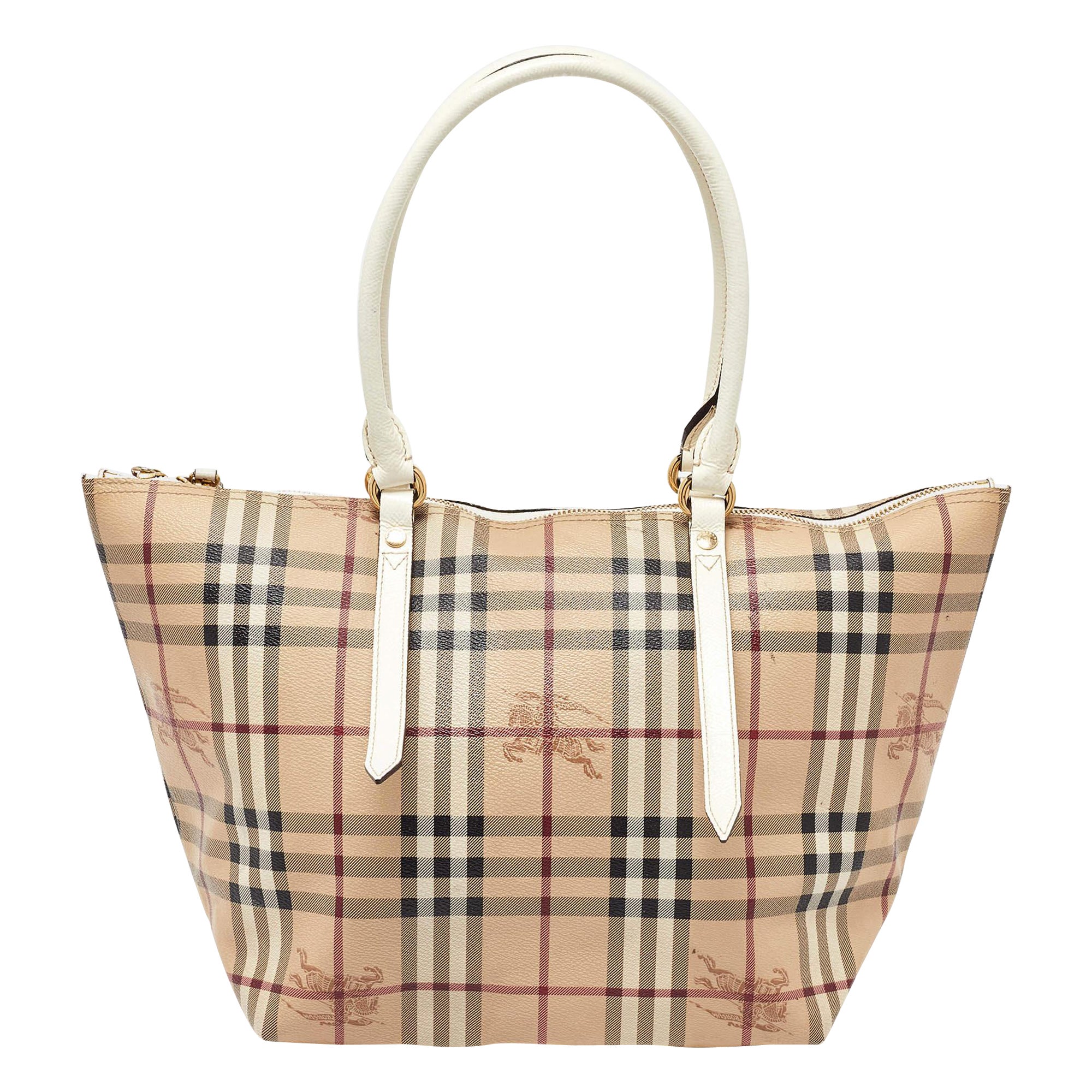 Bolso Salisbury de Burberry en lona recubierta de cuadros Haymarket beige y charol