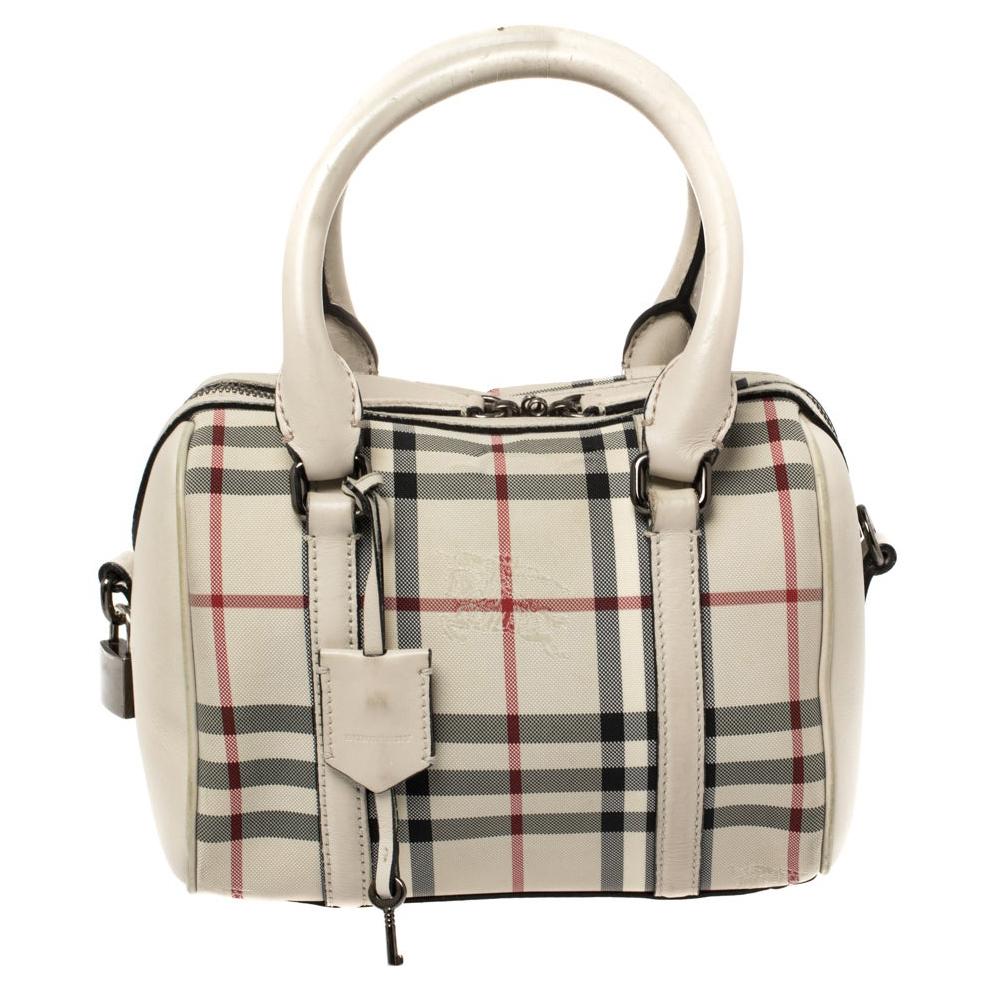 Burberry Beige Haymarket Check Nylon and Leather Boston Bag