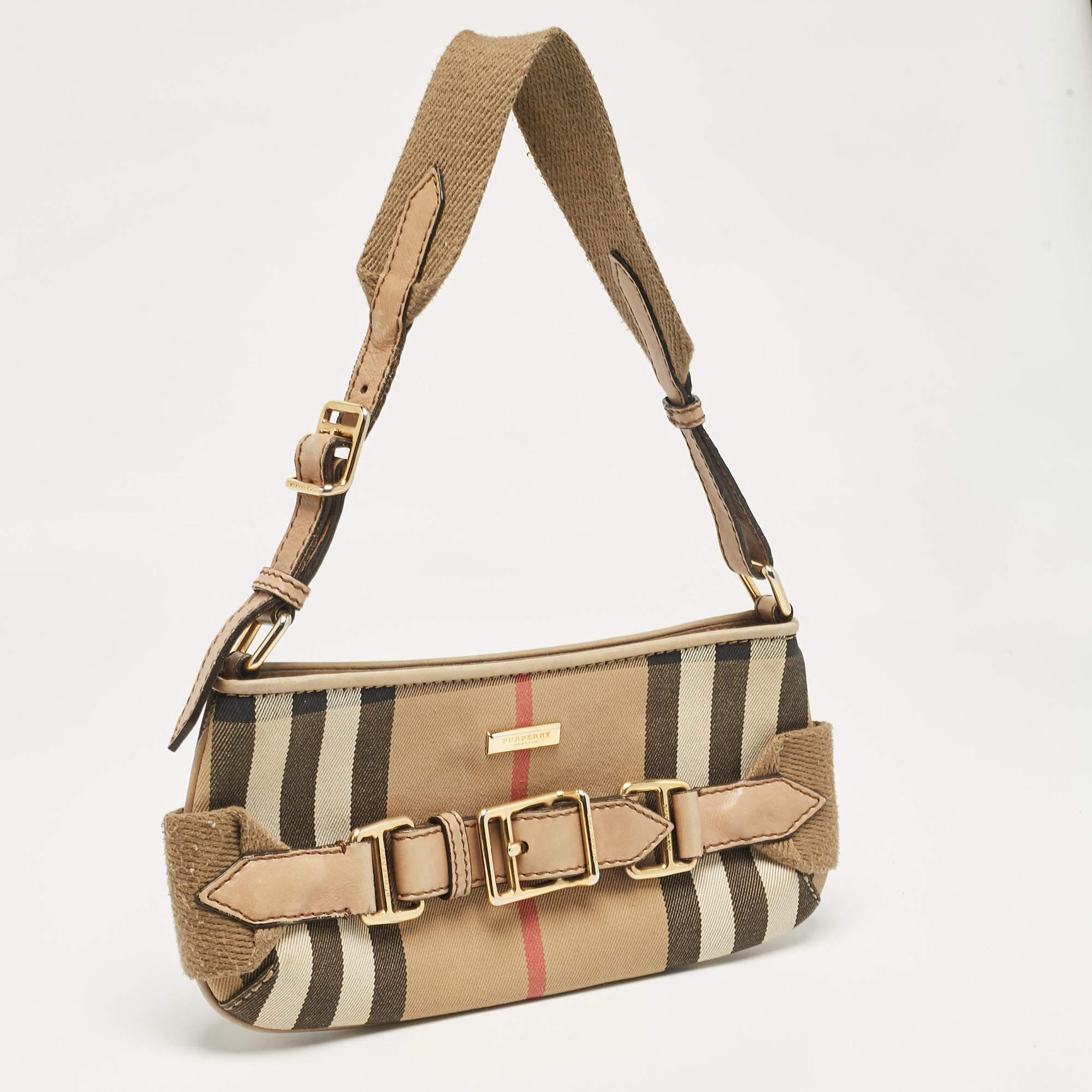 Burberry Beige House Check Fabric Baguette Bag In Good Condition In Dubai, Al Qouz 2