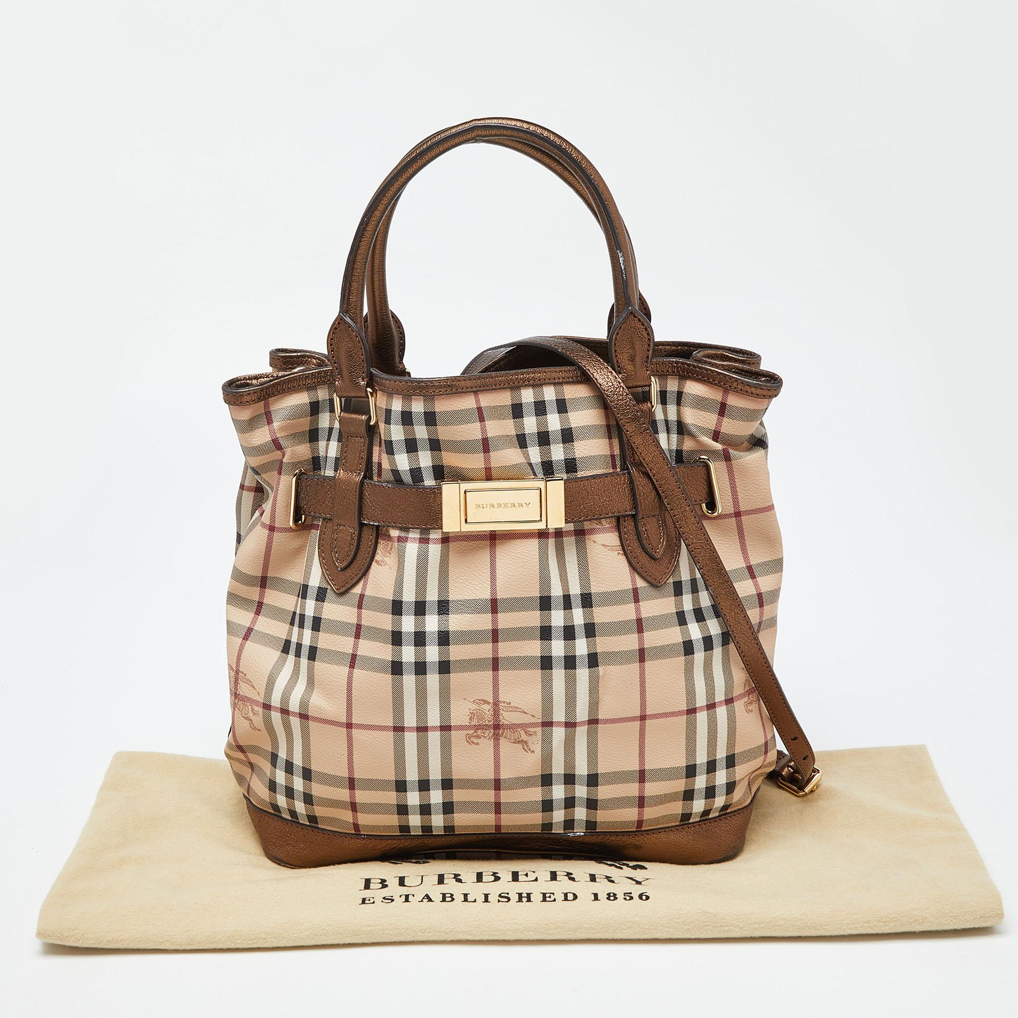 Burberry Beige/Metallic Haymarket Check Canvas and Leather Medium Golderton Tote For Sale 8