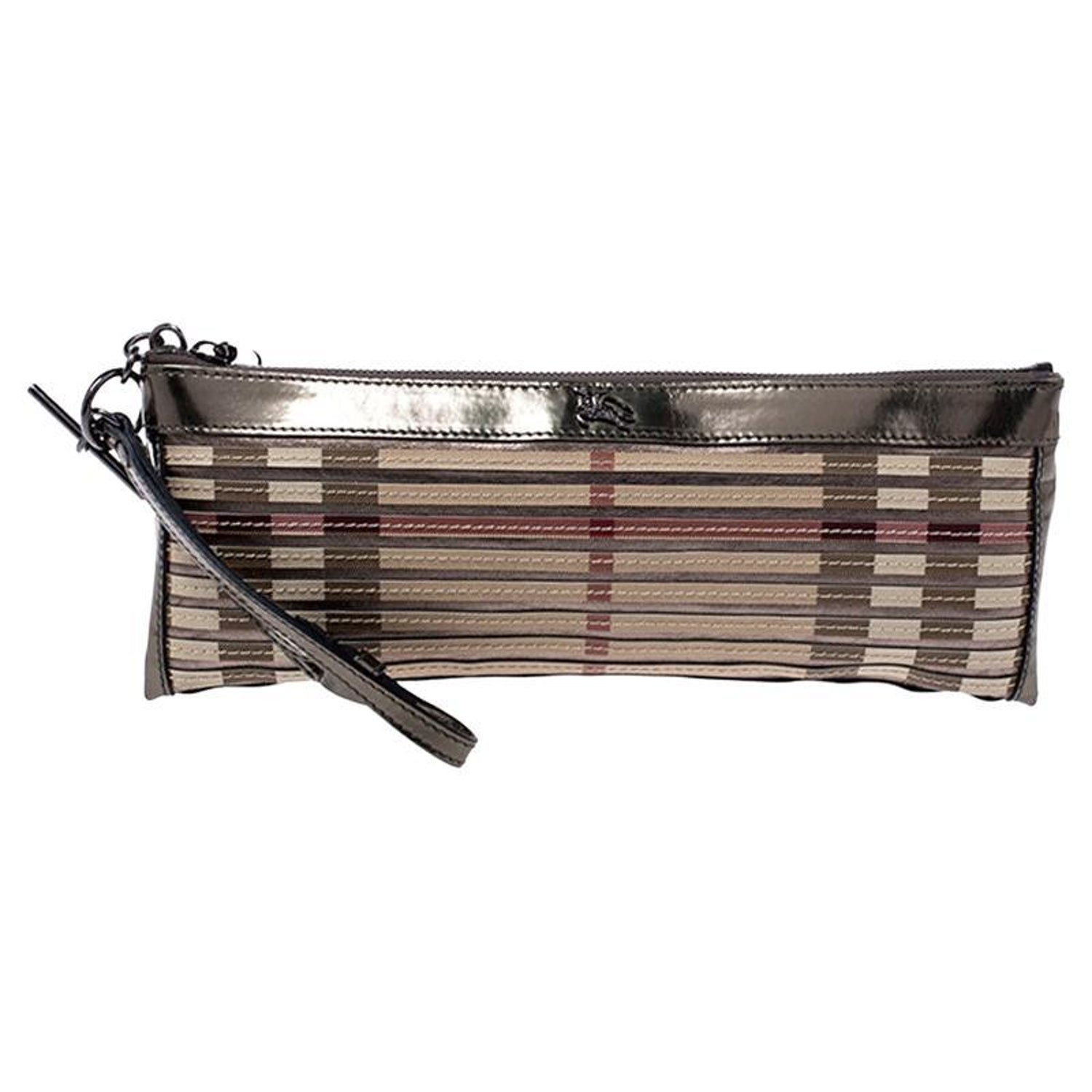Burberry Beige/Metallic Nova Check PVC and Patent Leather Zip Wristlet  Clutch For Sale at 1stDibs