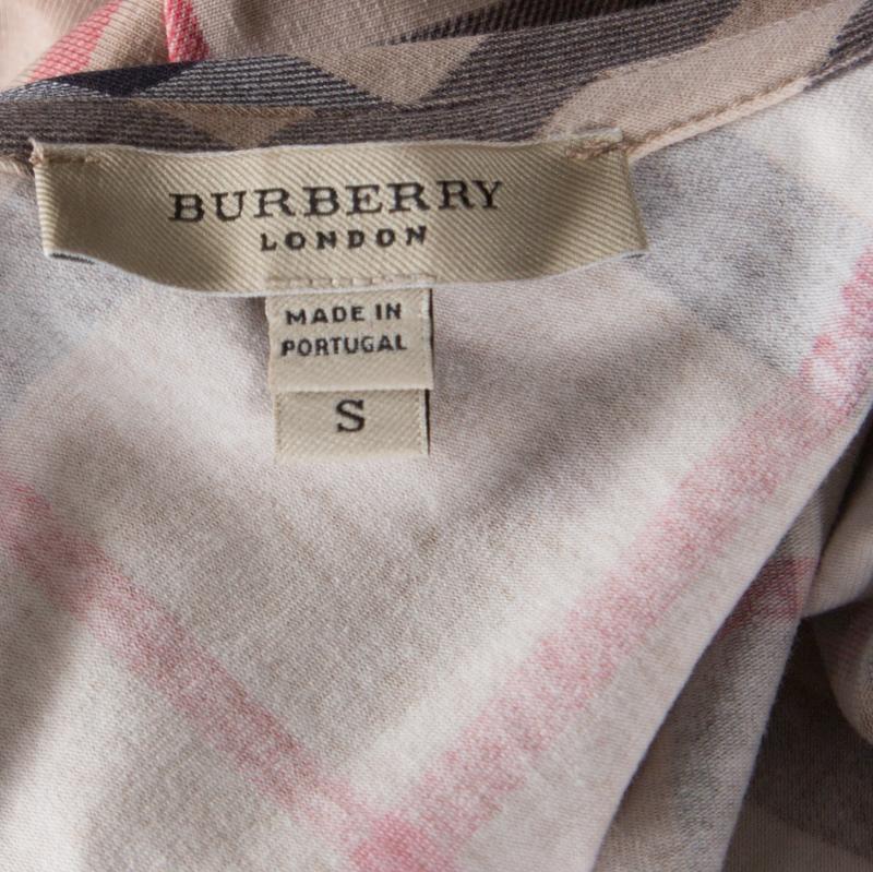 Women's Burberry Beige Nova Check Cotton Stretch V Neck Three Quarter Sleeve Top S