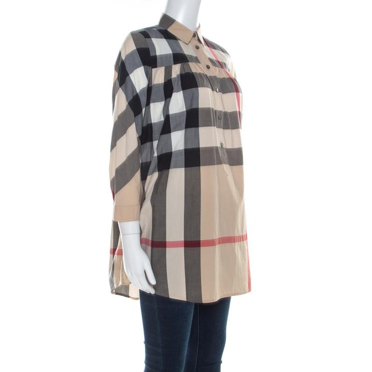 Burberry Beige Nova Check Half Button Tunic Top XS For Sale at 1stDibs