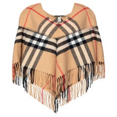 Burberry - Cape courte à carreaux Nova en laine et cachemire beige avec franges (taille unique)