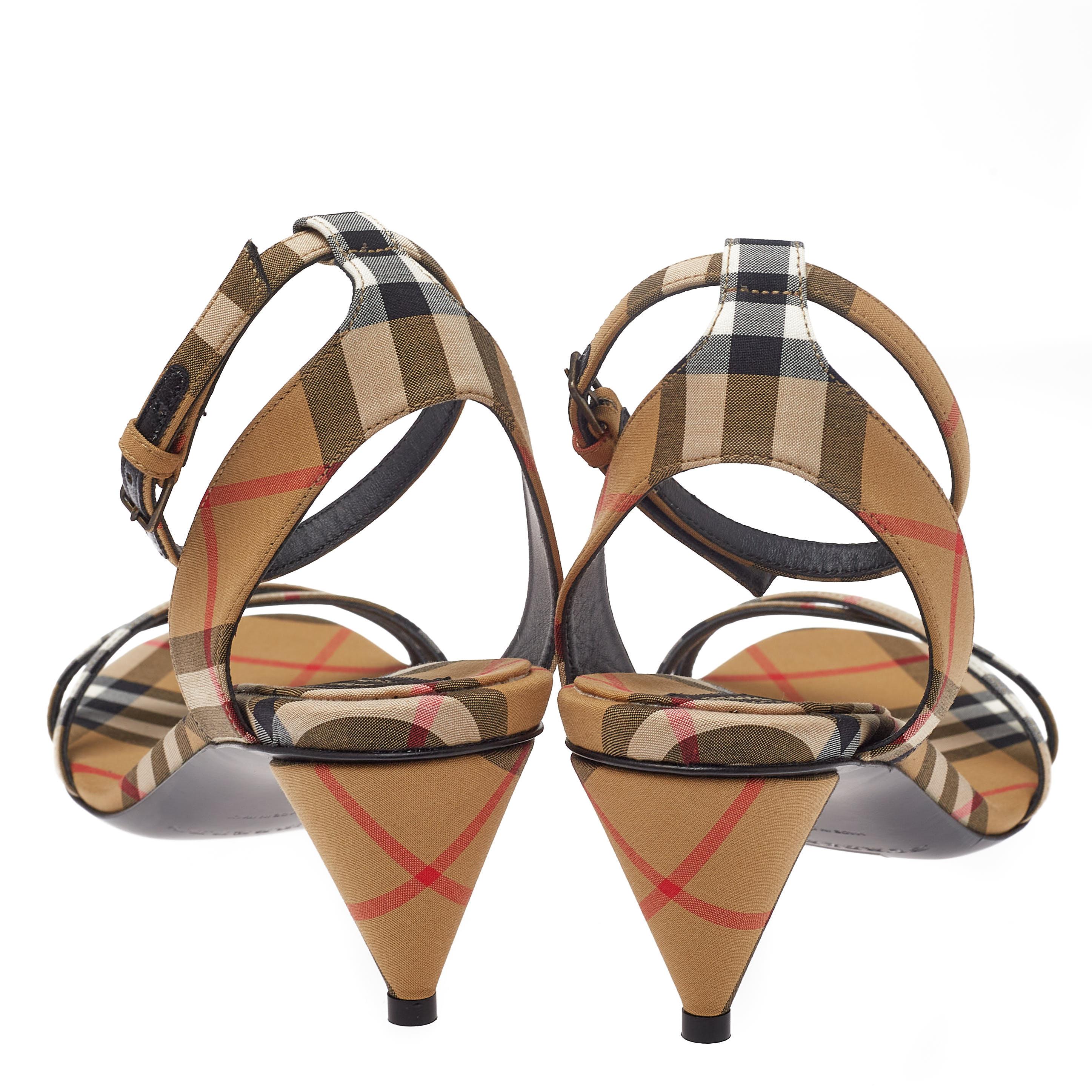 Burberry Beige Novacheck Fabric Hansel Cross Strap Cone Heel Sandals Size 39 In New Condition In Dubai, Al Qouz 2