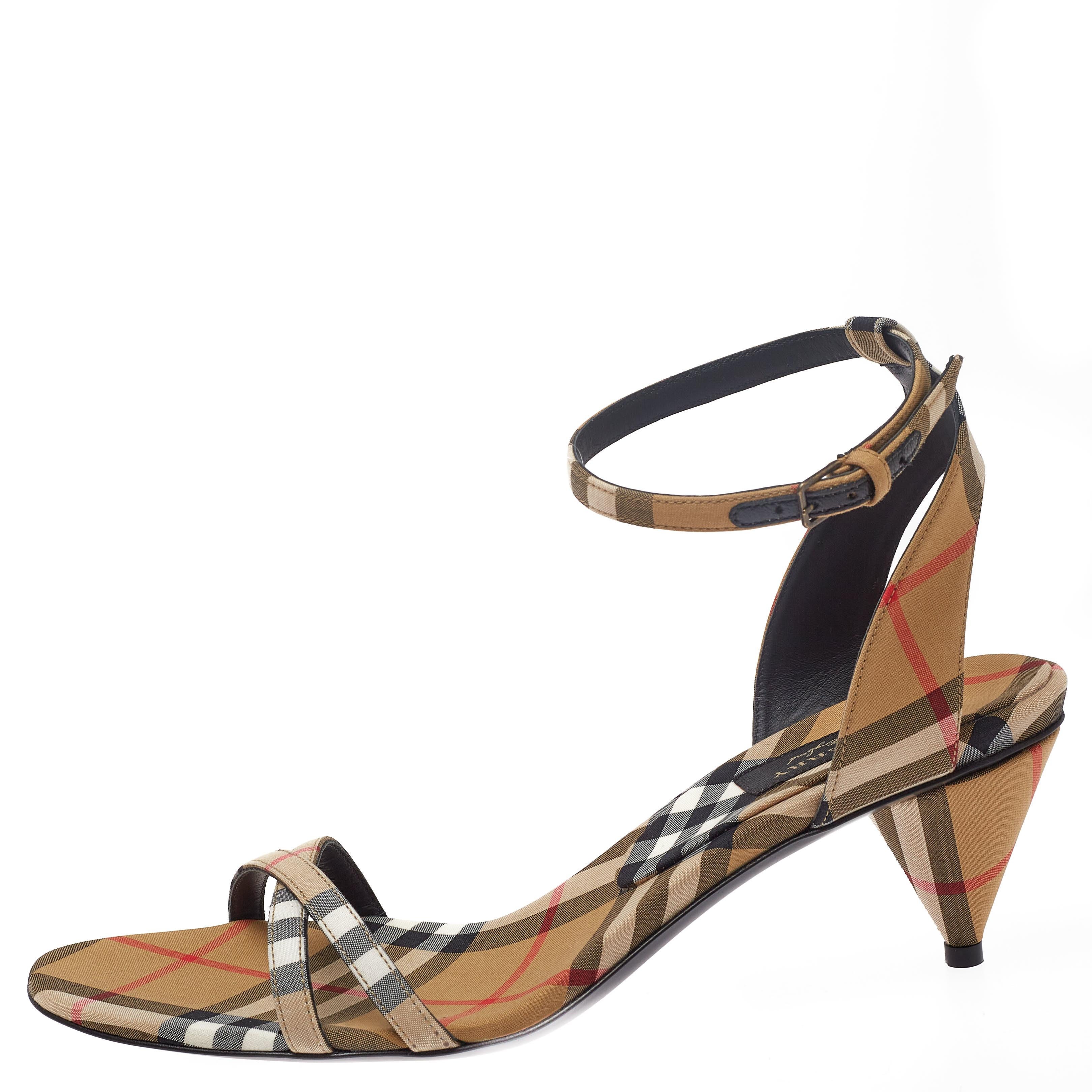 Burberry Beige Novacheck Fabric Hansel Cross Strap Cone Heel Sandals Size 39 1