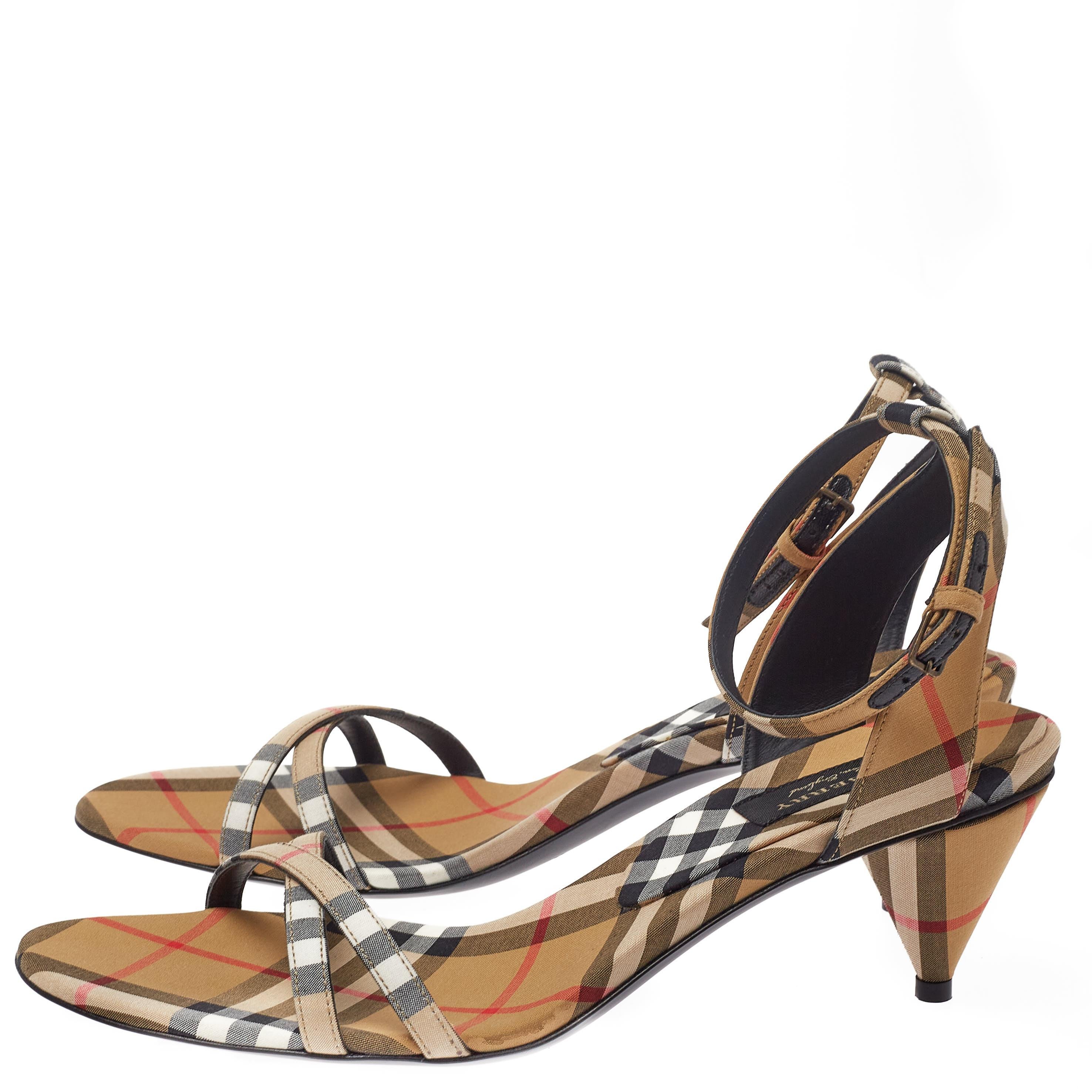 Burberry Beige Novacheck Fabric Hansel Cross Strap Cone Heel Sandals Size 39 3
