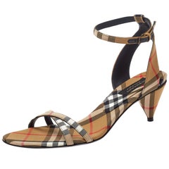 Burberry Beige Novacheck Fabric Hansel Cross Strap Cone Heel Sandals Size 39