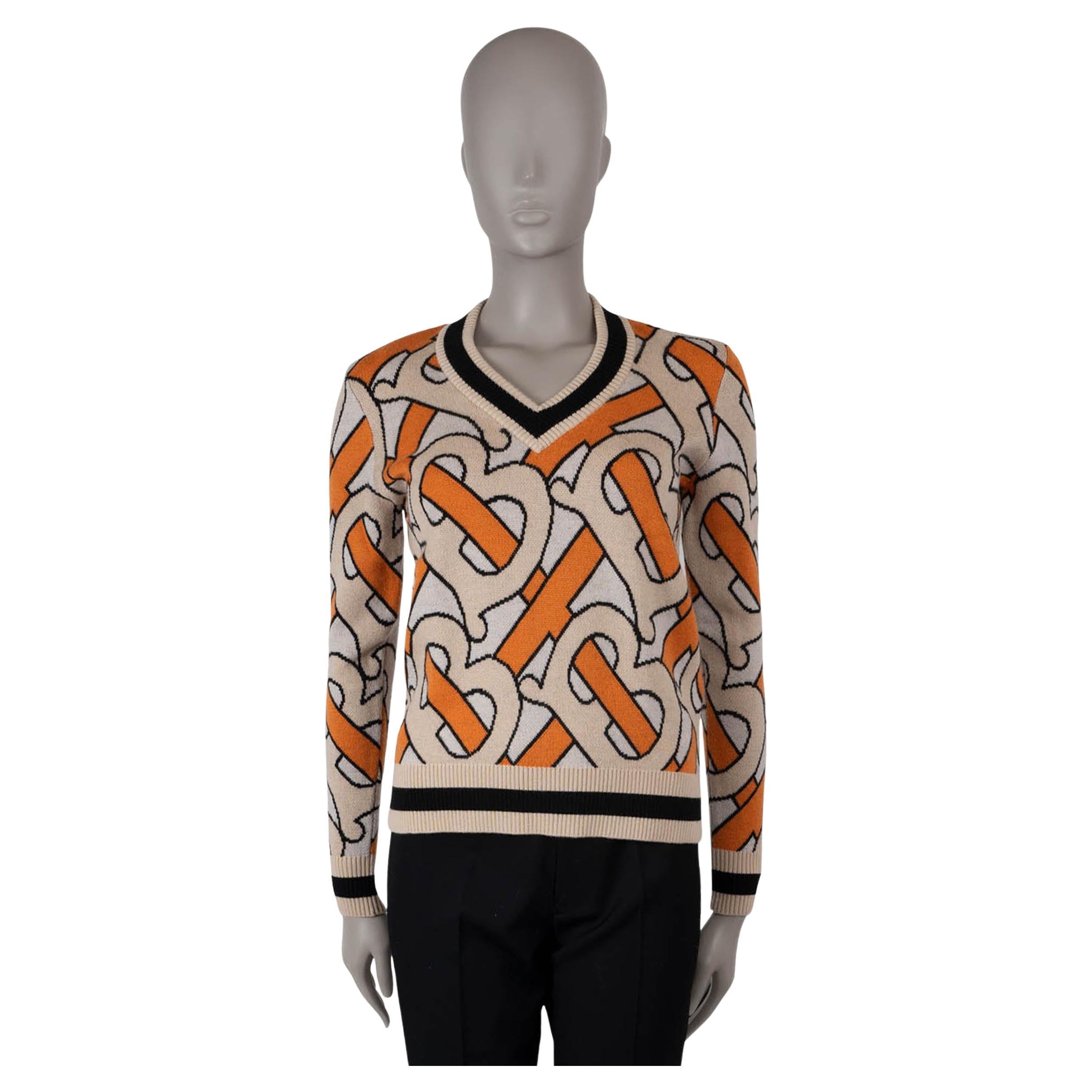 BURBERRY beige & orange wool 2022 TB MONOGRAM INTARSIA CRICKET Sweater SP