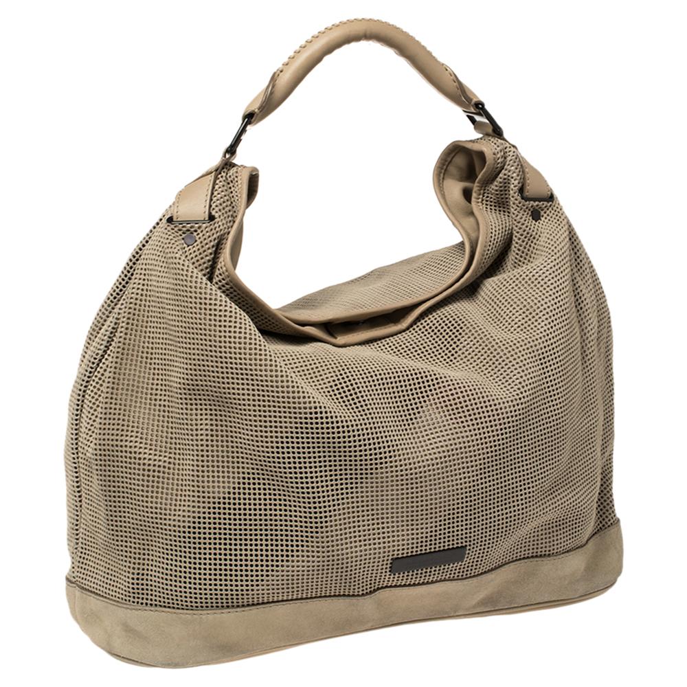 Women's Burberry Beige Perforated Suede and Leather Oversized Hobo For Sale