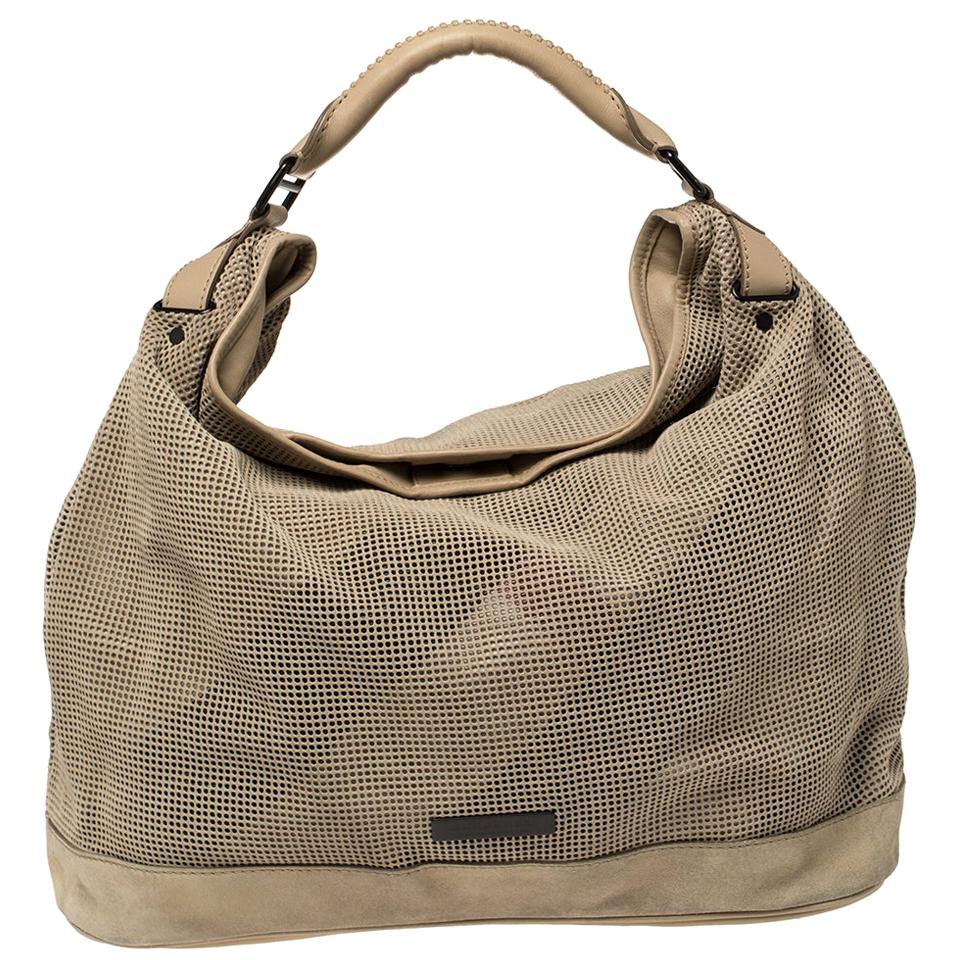 Burberry Beige Perforated Suede and Leather Oversized Hobo For Sale