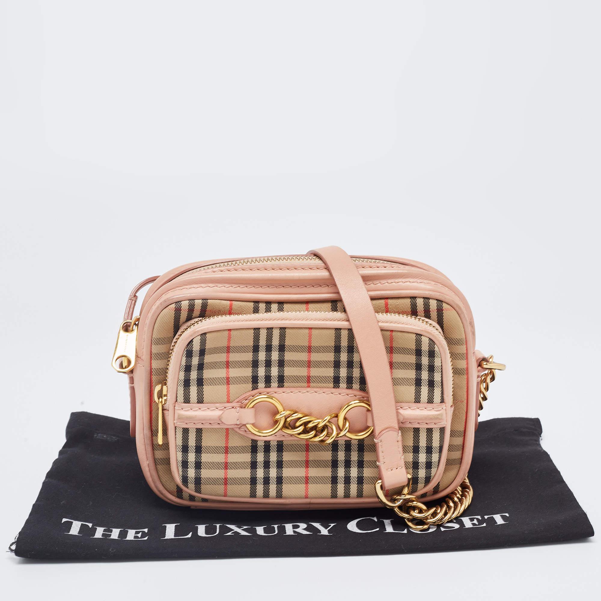 Burberry Beige/Pink 1983 Knight Check Canvas and Leather Link Camera Bag 13