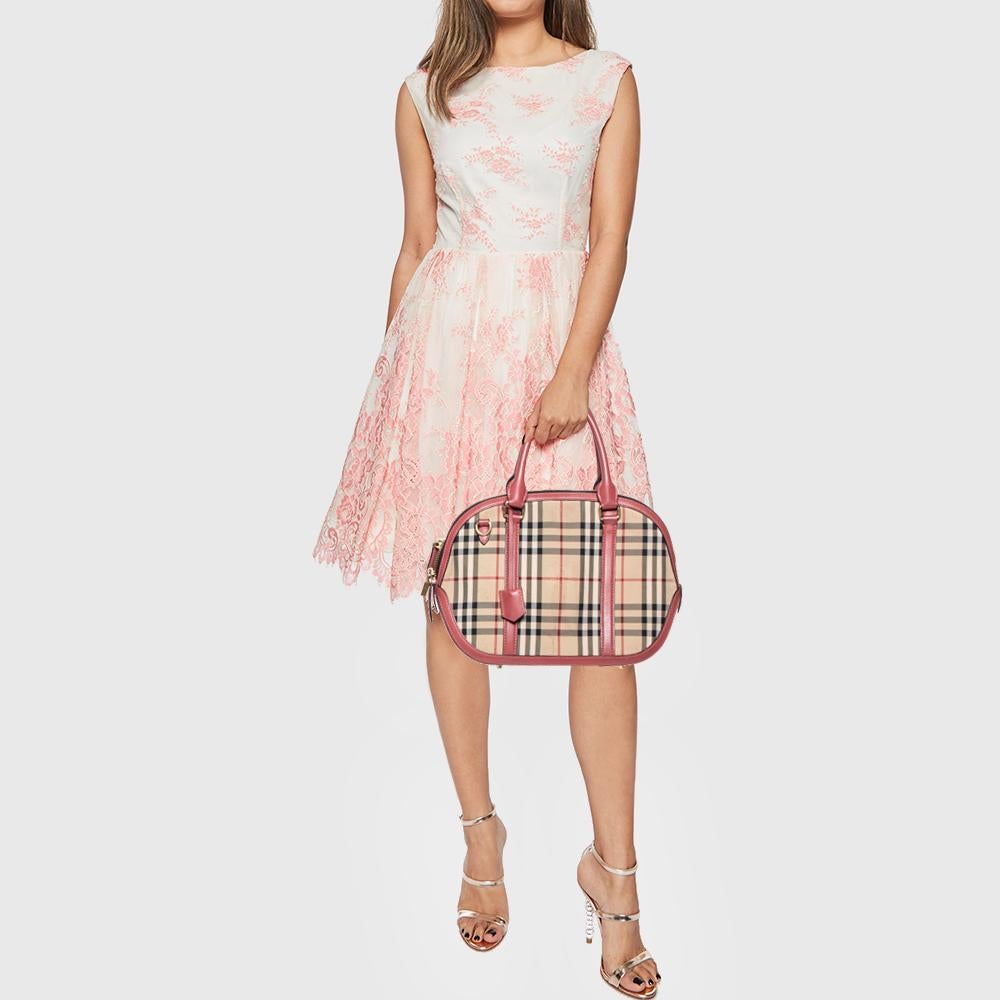 Brown Burberry Beige/Pink Haymarket Check Canvas and Leather Small Orchard Bowler Bag