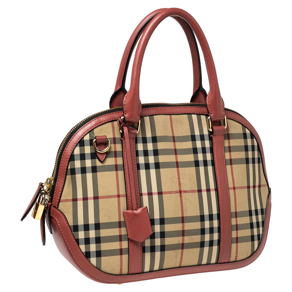 Burberry Beige/Pink Haymarket Check Canvas and Leather Small Orchard Bowler Bag In Good Condition In Dubai, Al Qouz 2