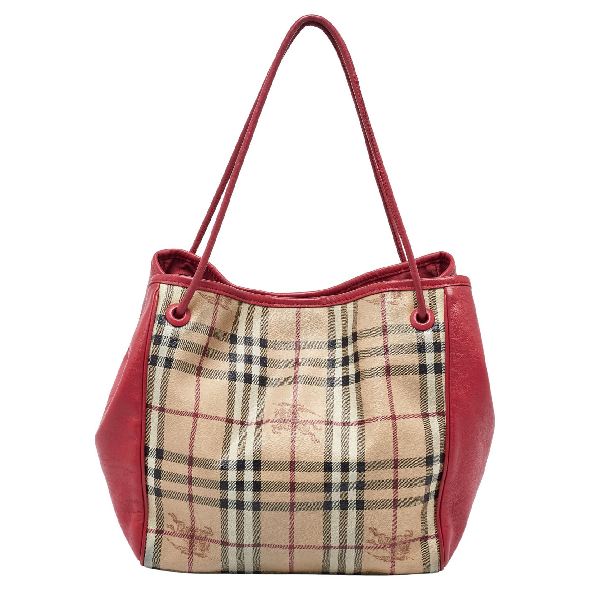 Burberry Beige/Pink Haymarket Check PVC and Leather Small Canterbury Tote For Sale