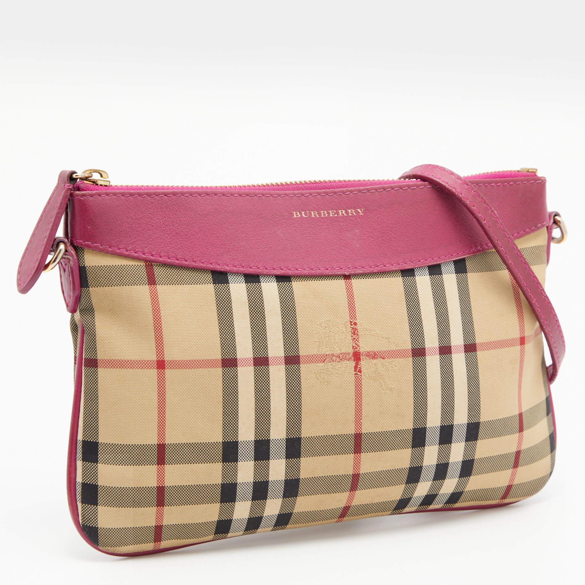 Women's Burberry Beige/Pink Horseferry Check Canvas and Leather Peyton Crossbody Bag