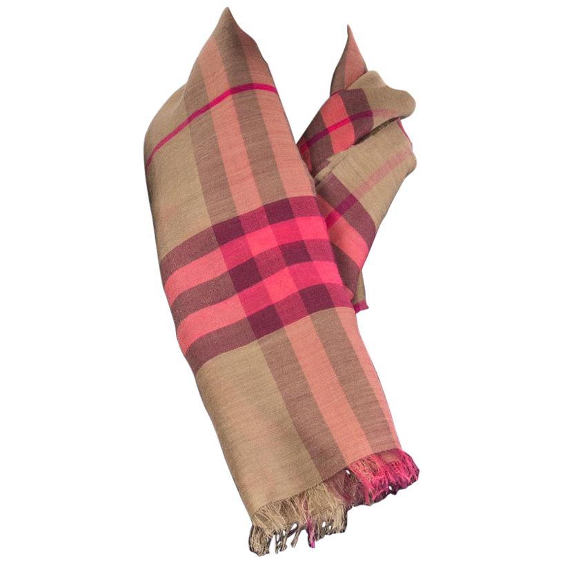 BURBERRY beige 
pink silk blend CHECK Scarf Shawl