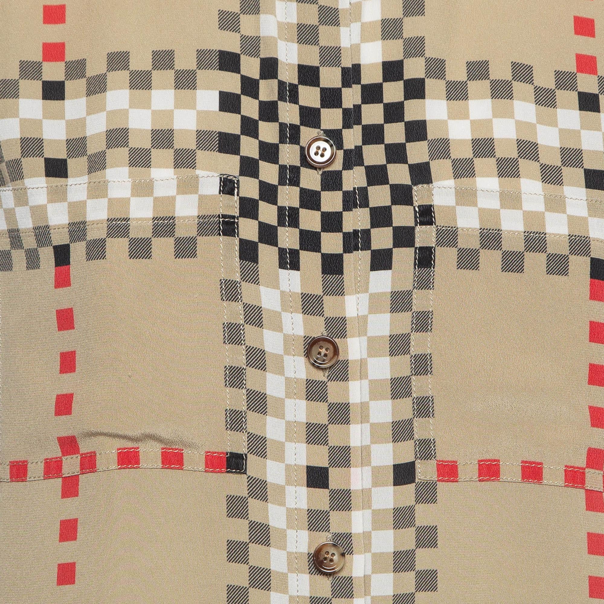 Women's Burberry Beige Pixel Check Silk Shirt and Pants Set S/M