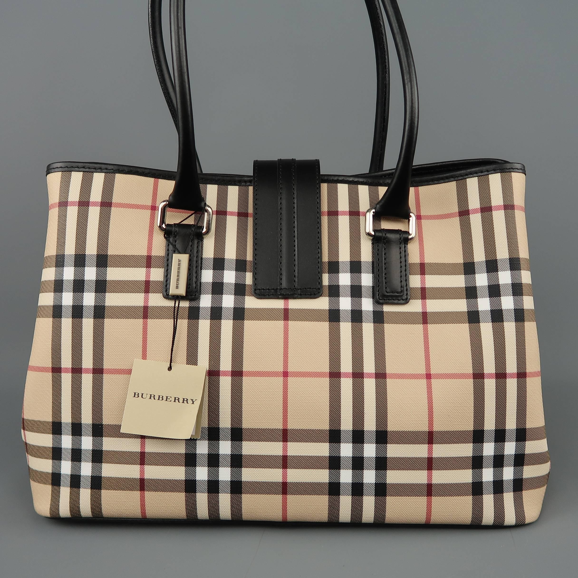 Brown New BURBERRY Handbag - Beige Plaid Coated Canvas & Black Leather Bag Tote