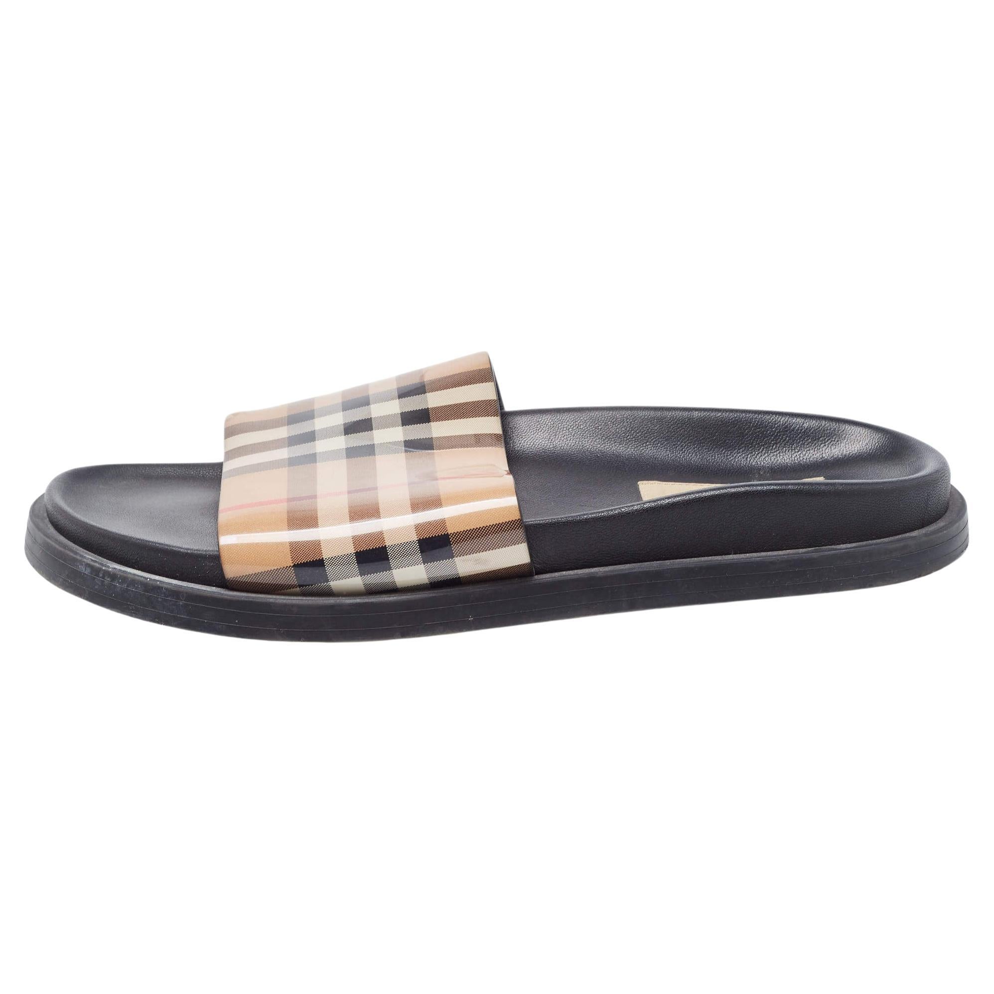 Burberry Beige PVC Nova Check Flat Slides Size 38