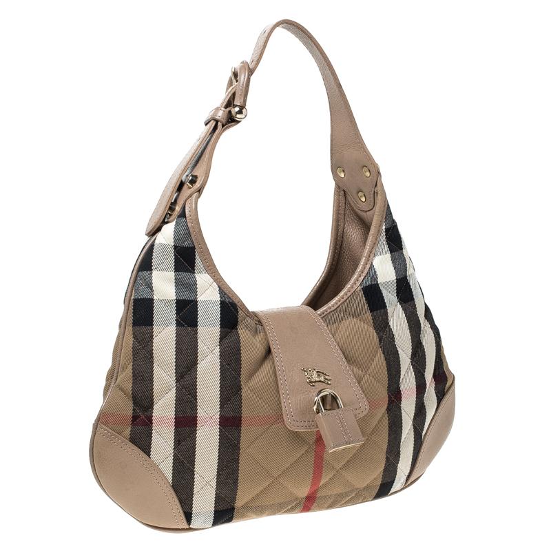 Burberry Beige Quilted House Check Canvas and Leather Brooke Hobo In Good Condition In Dubai, Al Qouz 2