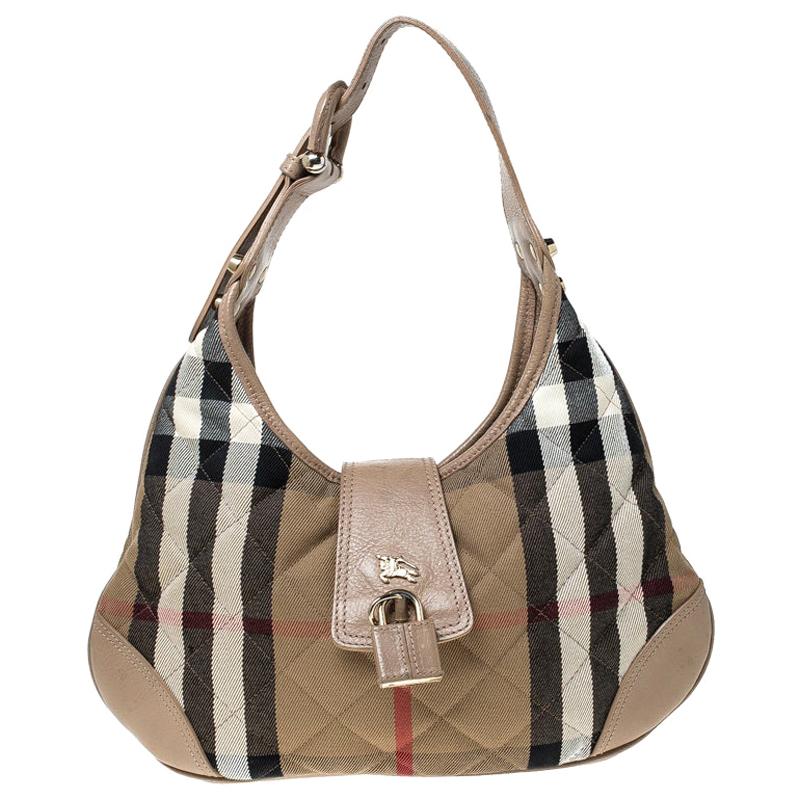 Burberry Beige Quilted House Check Canvas and Leather Brooke Hobo