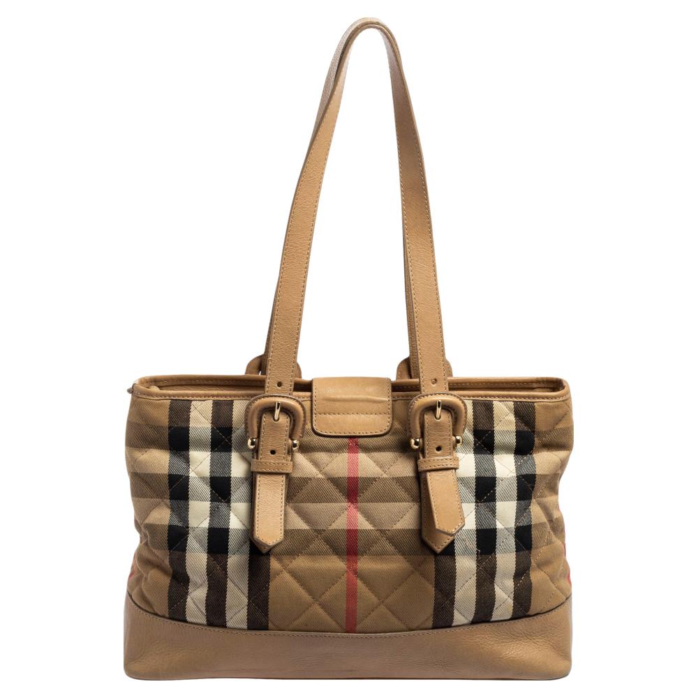 Burberry Beige Quilted Nova Check Canvas and Leather Tote 3