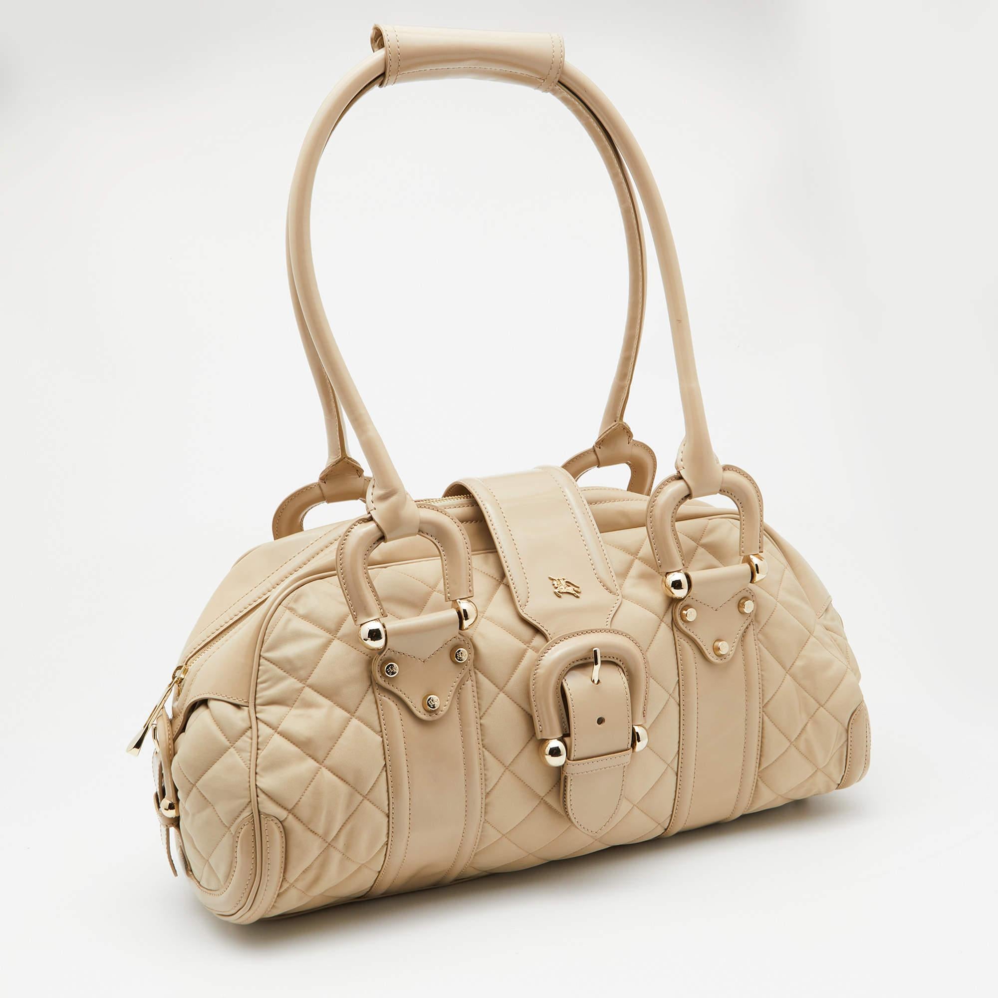 Women's Burberry Beige Quilted Nylon and Patent Leather Manor Satchel For Sale