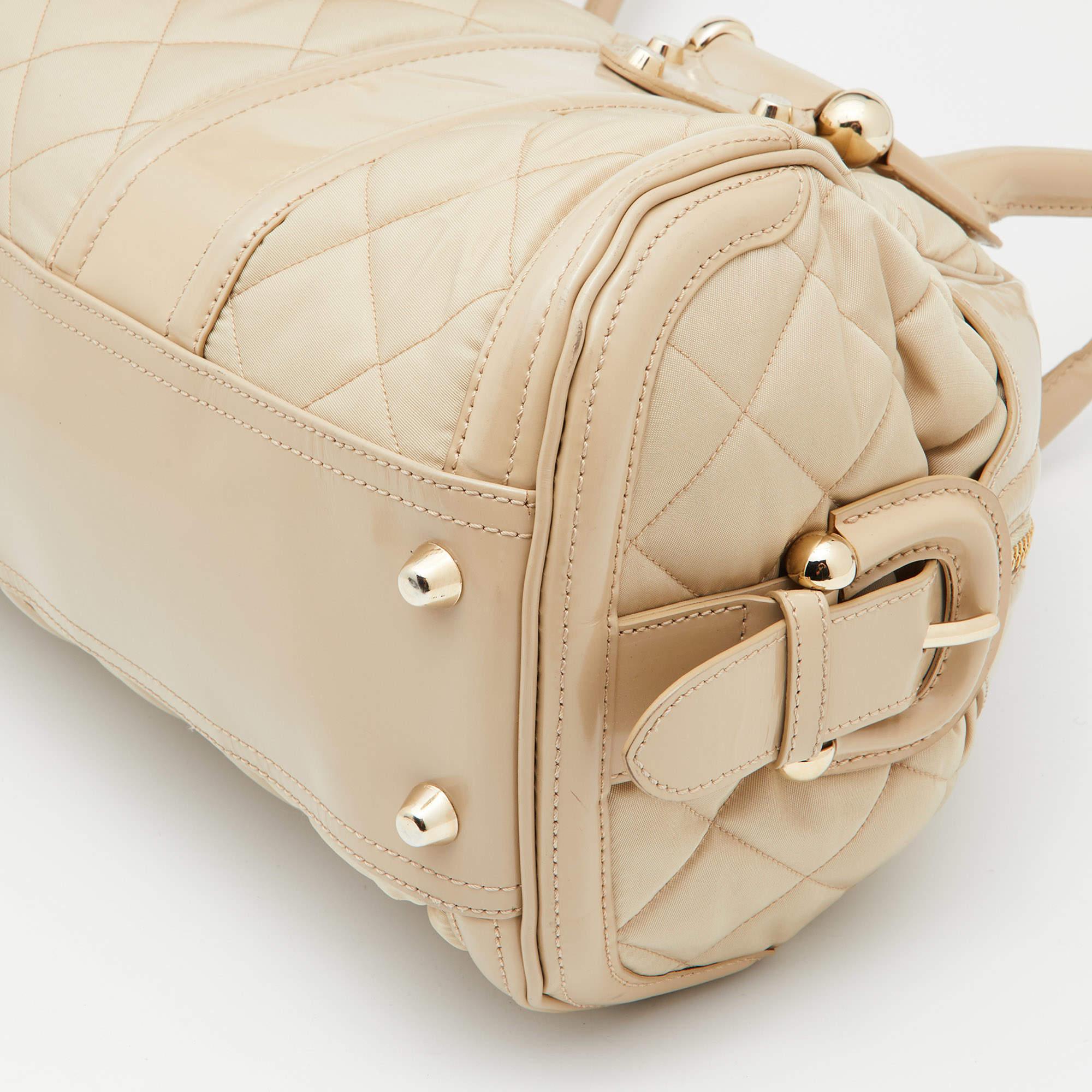 Burberry Beige Quilted Nylon and Patent Leather Manor Satchel For Sale 2