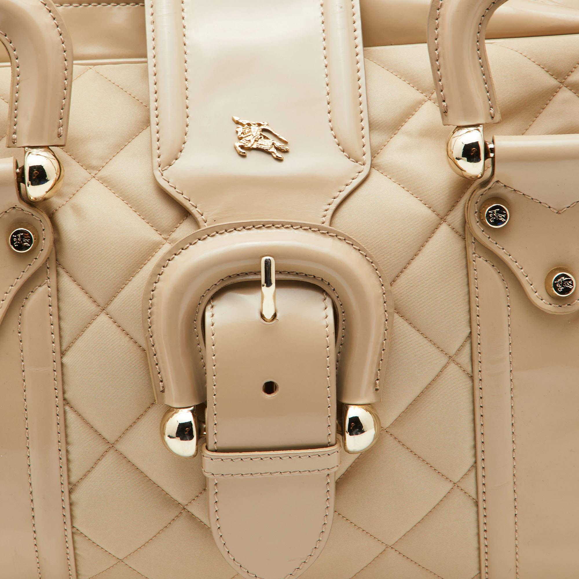 Burberry Beige Quilted Nylon and Patent Leather Manor Satchel For Sale 3