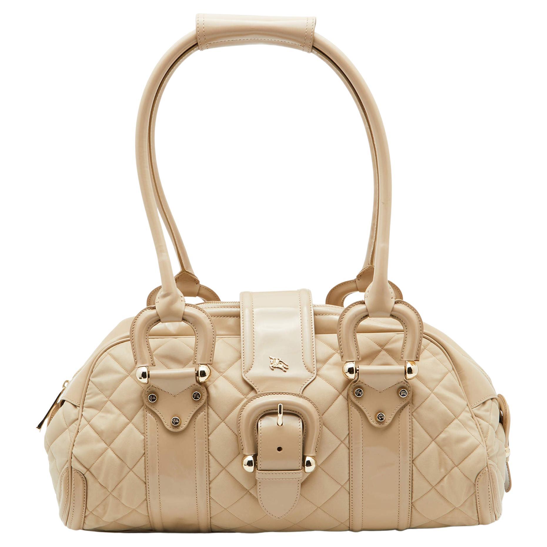 Burberry Beige Quilted Nylon and Patent Leather Manor Satchel For Sale