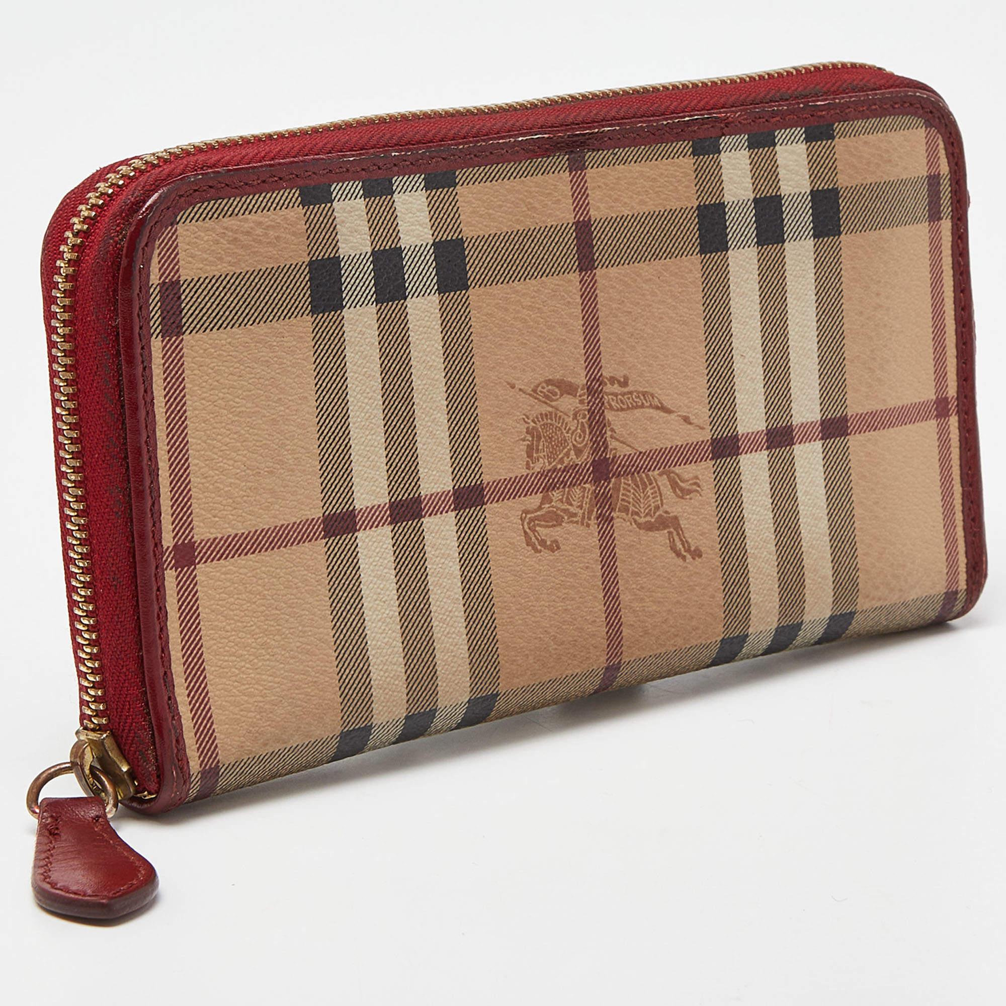 Brown Burberry Beige/Red Haymarket Check Coated Canvas Zip Around Wallet