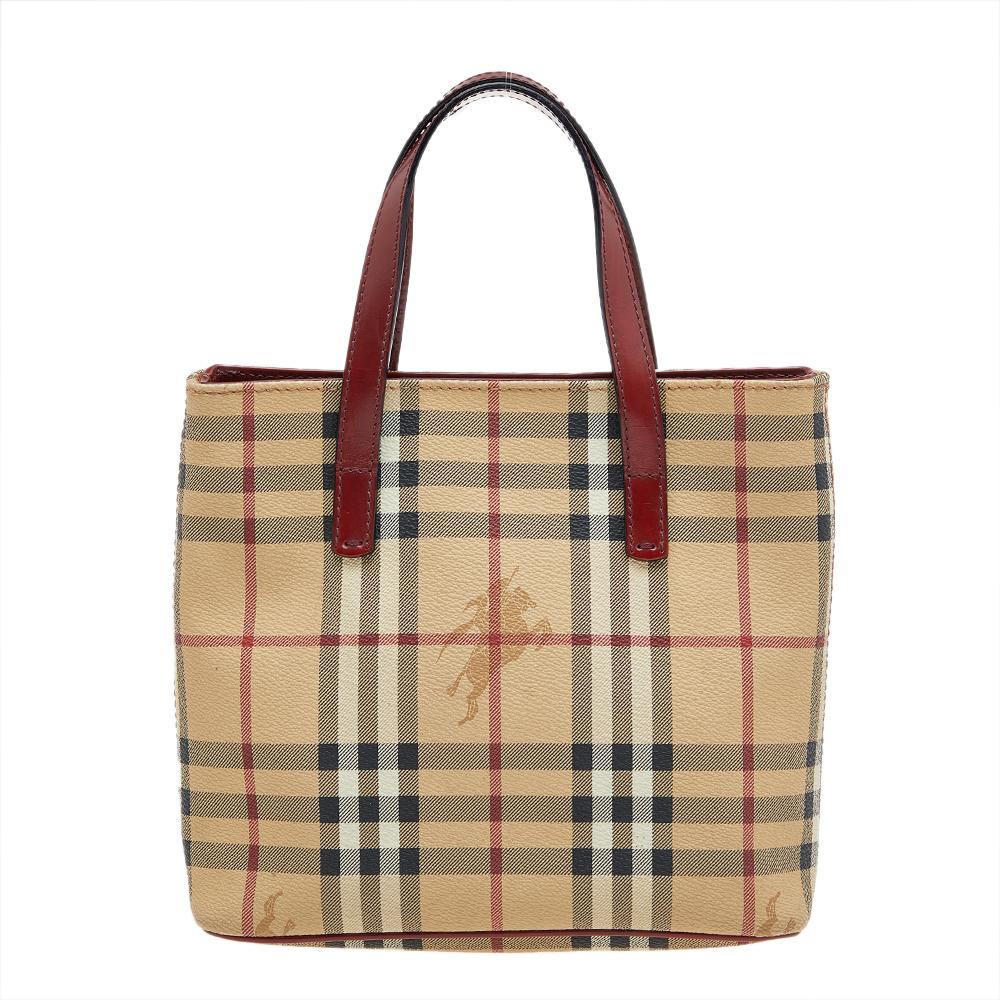 Women's Burberry Beige/Red Haymarket Check PVC And Leather Tote