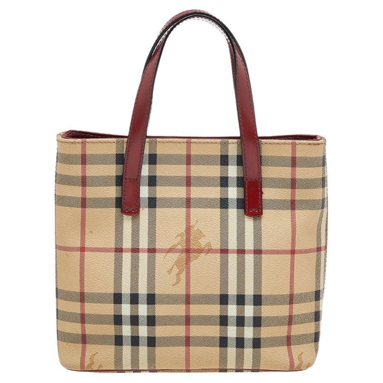 Burberry Beige/Red Haymarket Check PVC And Leather Tote For Sale at 1stDibs