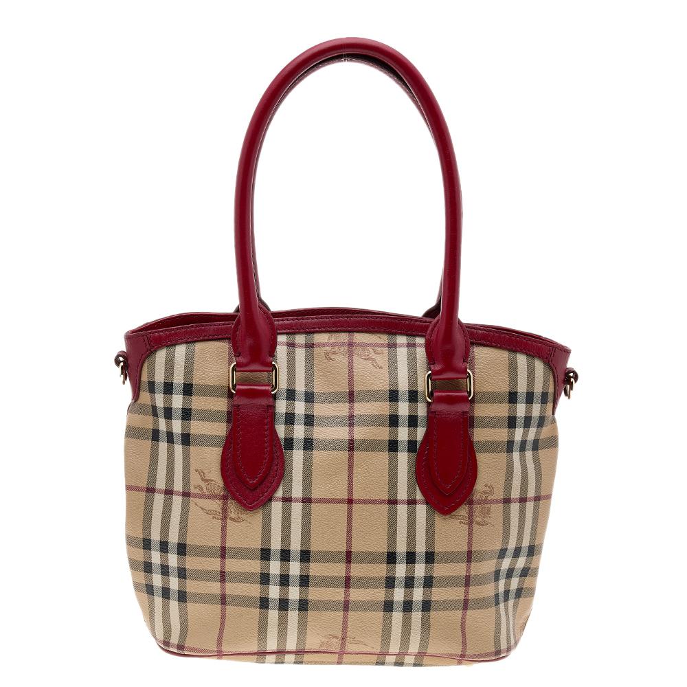Burberry Beige/Red Leather And Haymarket Check Coated Canvas Satchel 2