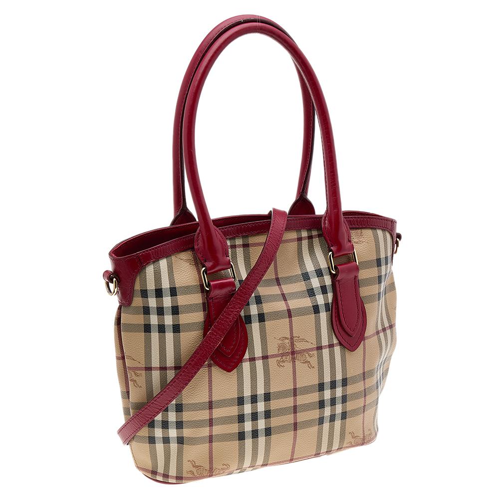 Burberry Beige/Red Leather And Haymarket Check Coated Canvas Satchel 3